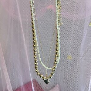 ✨ J.Crew Layered Pearl & Gold Bead Necklace – NWT – Heart Charm ✨